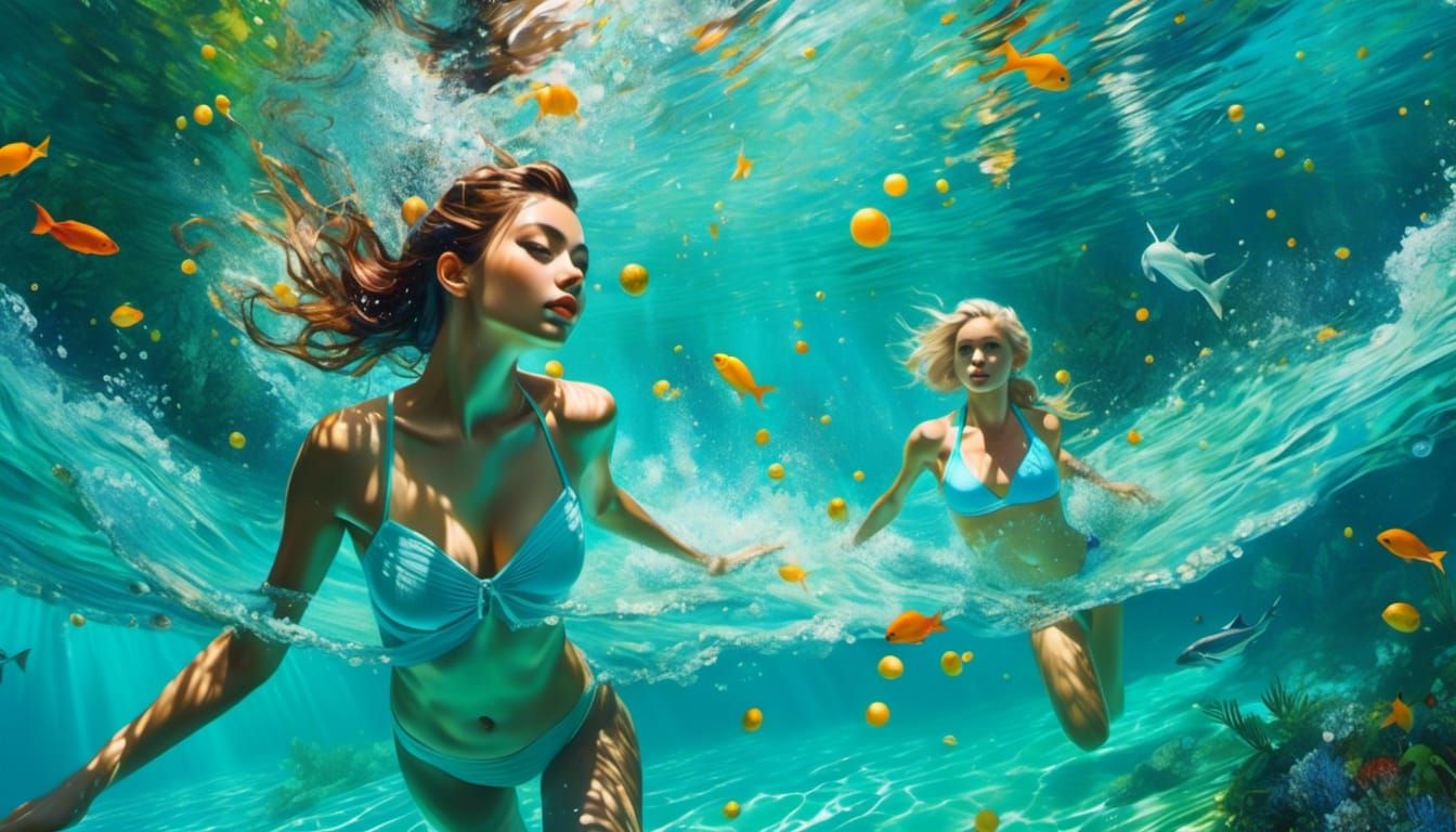 Beautiful women walking on the bottom of the ocean