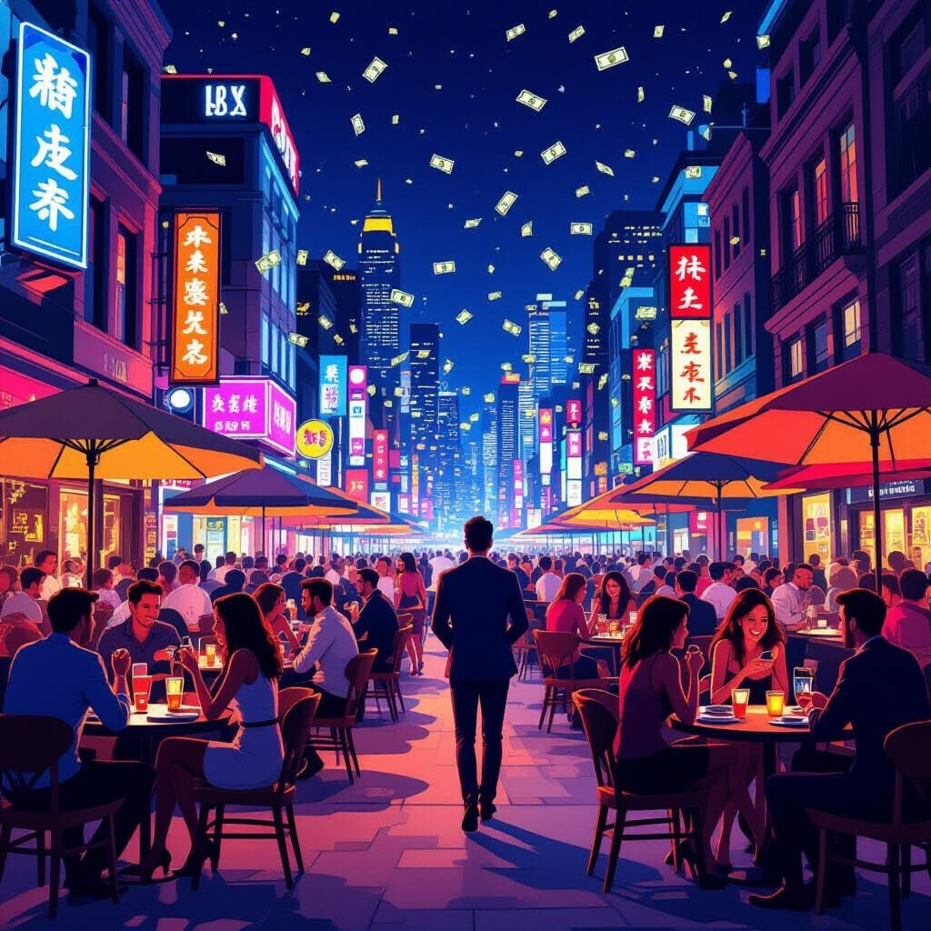 Excited City Nightlife in Storybook Cartoon Style