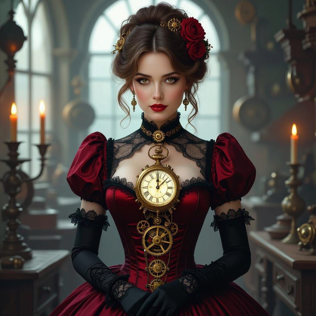 Victorian Woman With Clockwork Heart in Steampunk Workshop