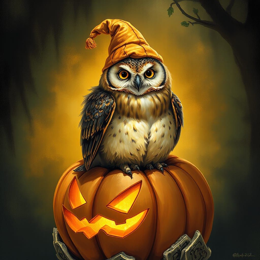 Wise Owl in Pumpkin Hat on Glowing Jack-o'-Lantern