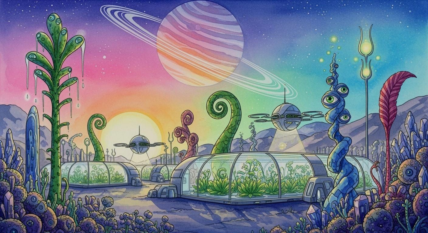 Exoplanetary Farm with Alien Flora in Watercolor