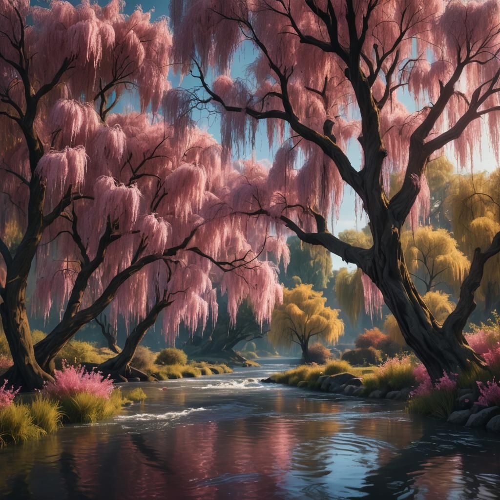 River Scene with Weeping Willow in Fantasy Art Style