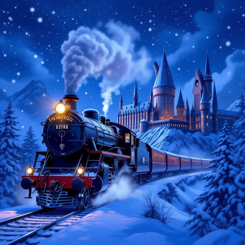 Winter Train Arrives at Magical Hogwarts Castle