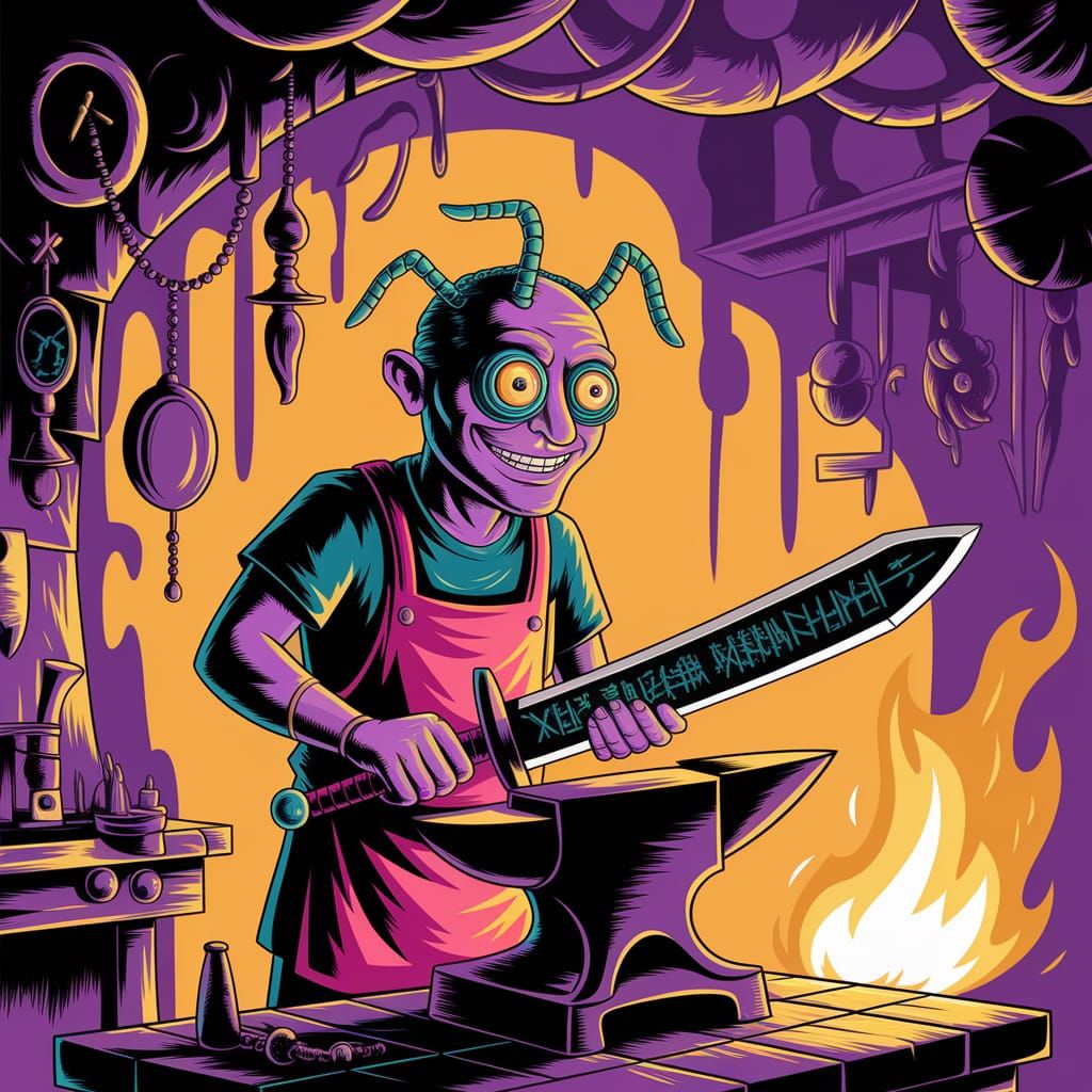 Whimsical Blacksmith Forges Alien Sword in Enchanted Forge