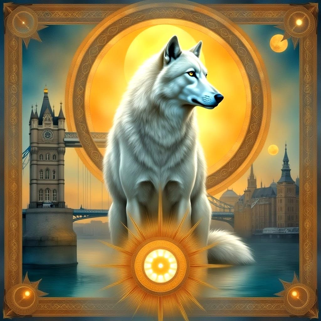 Majestic White Wolf Basks in Golden Sunlight near Tower Brid...