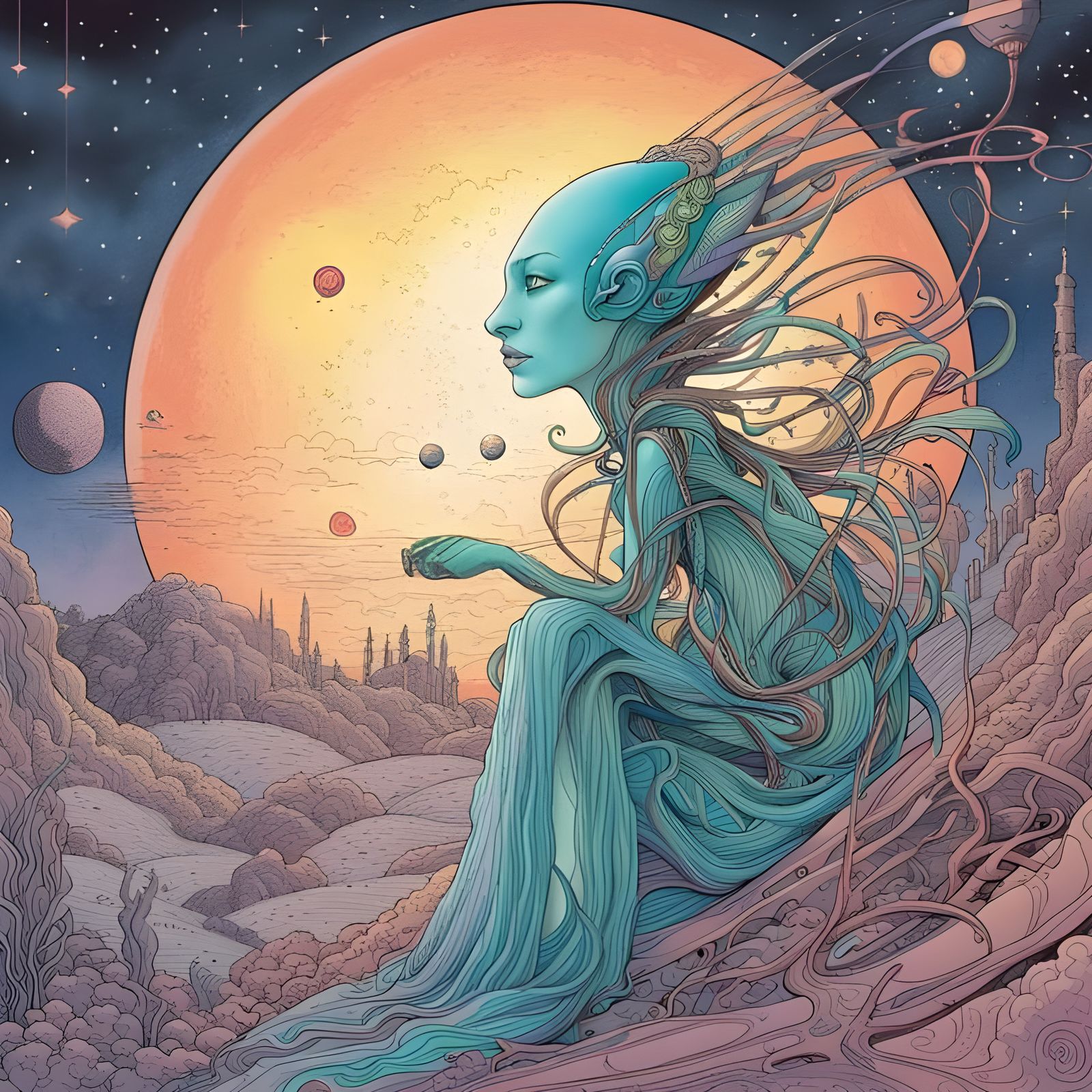 Alien Oracle in Pastel Colors, Moebius Style
