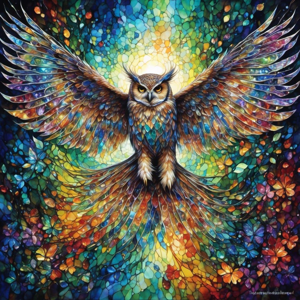 Rainbow Stained Glass Owl in Flight