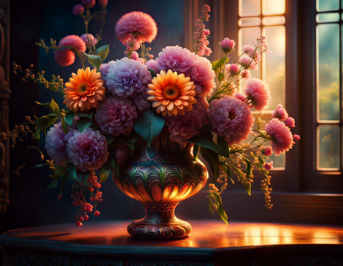 Glowing Flowers in Ornate Vase: Digital Matte Painting