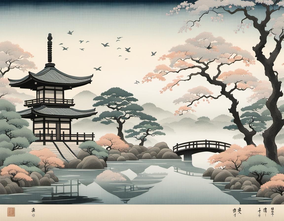 Serene Japanese Garden in Ukiyo-e Style