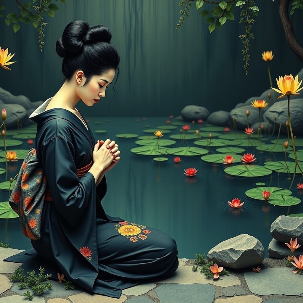 Geisha Mourning by Lily Pond in Surreal Style