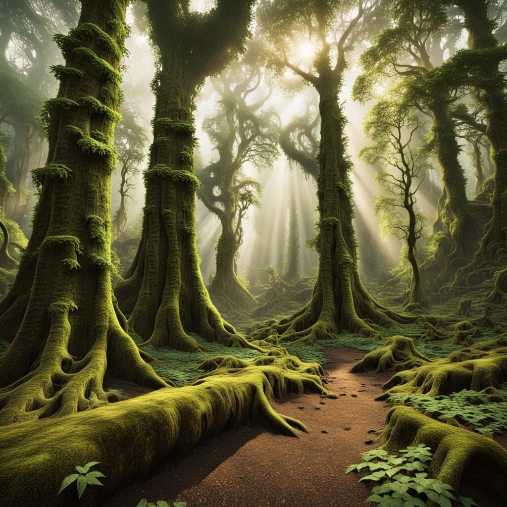 Lush Forest with Giant Trees and Misty Mountains