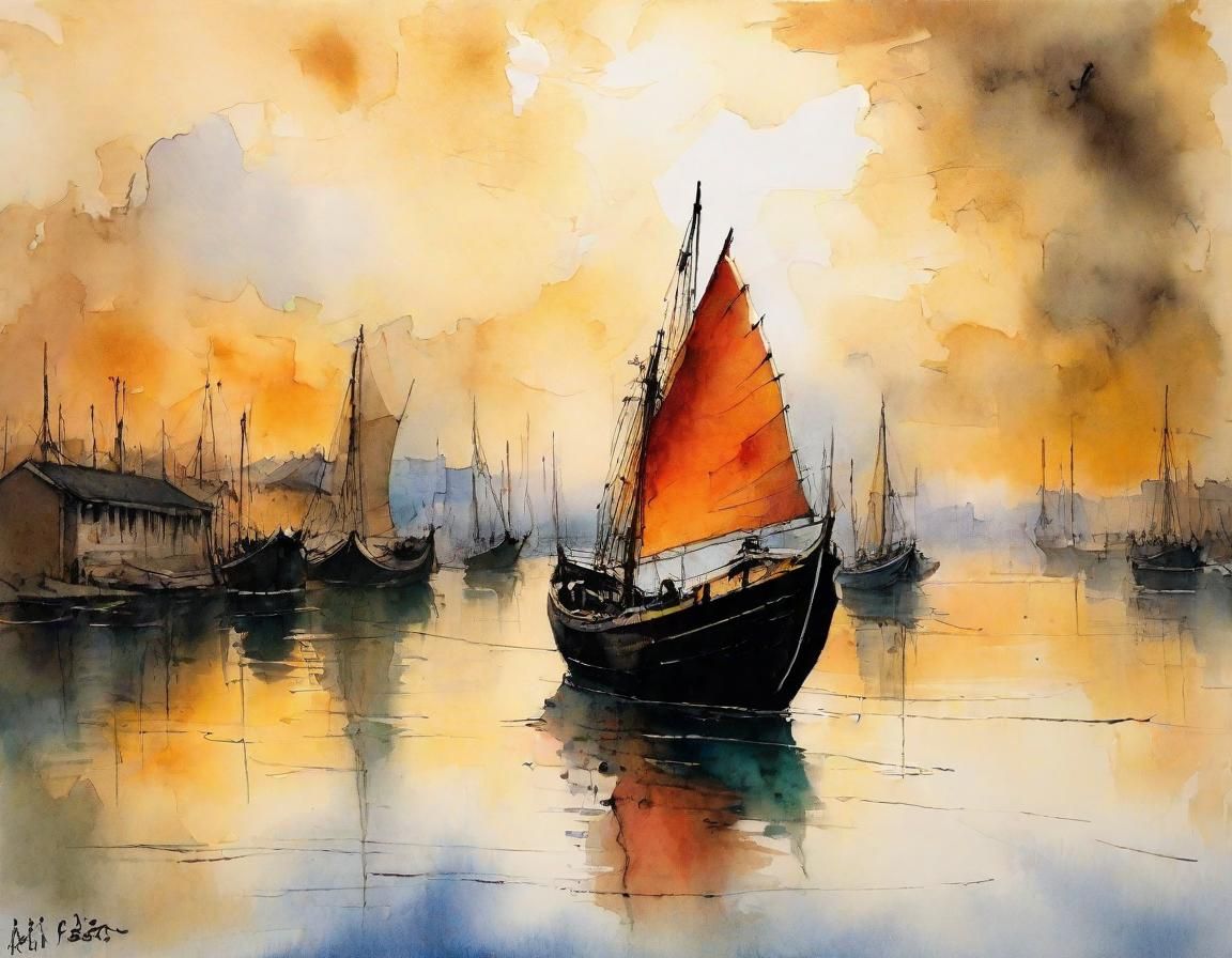 Chinese Junk Boat in Ancient Harbor: Impressionist Ink Paint...
