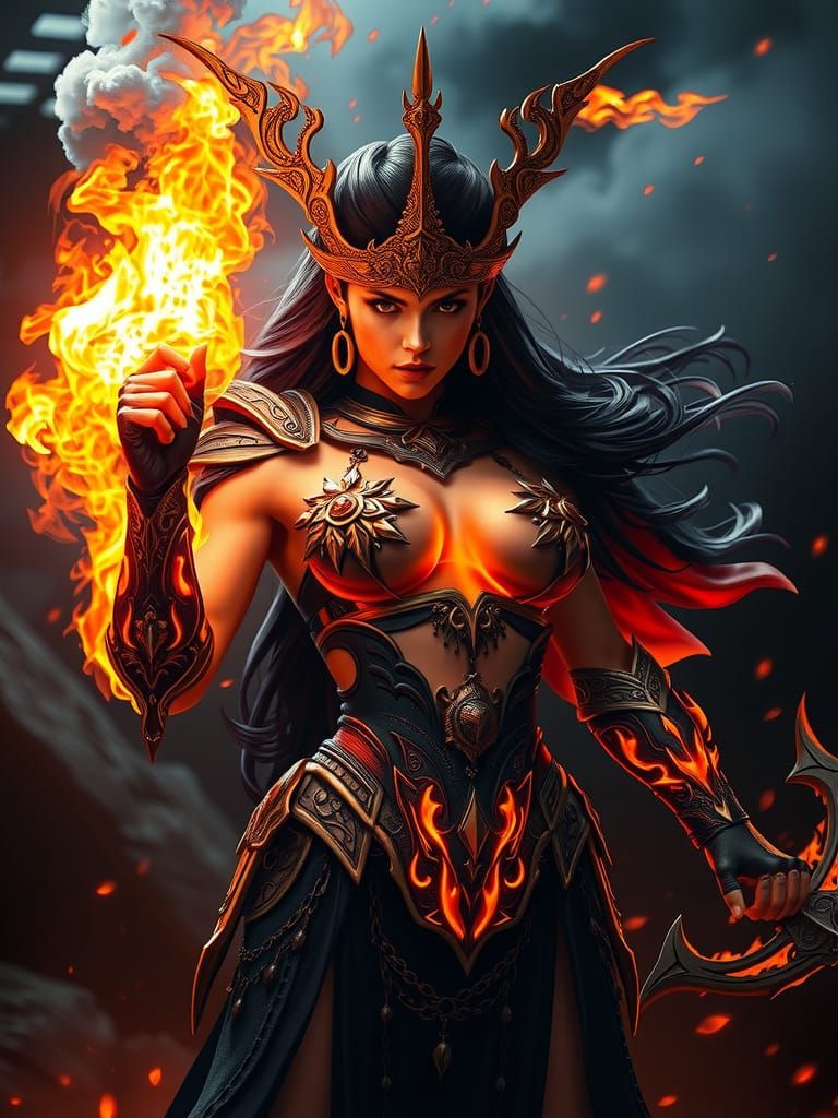 Fiery Goddess in Flames, Dark Fantasy Armor, Swirling Smoke
