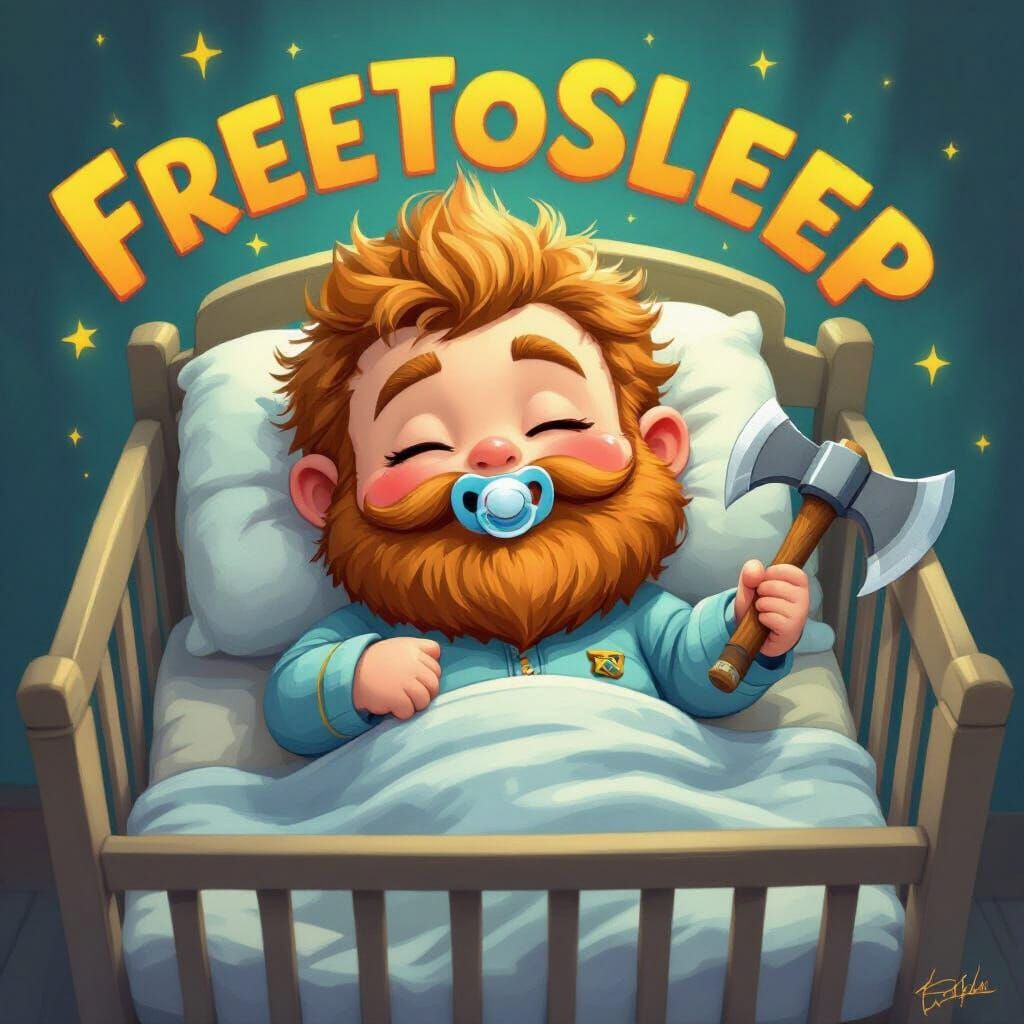 Cartoon Dwarf Baby Asleep with Axe and Shield