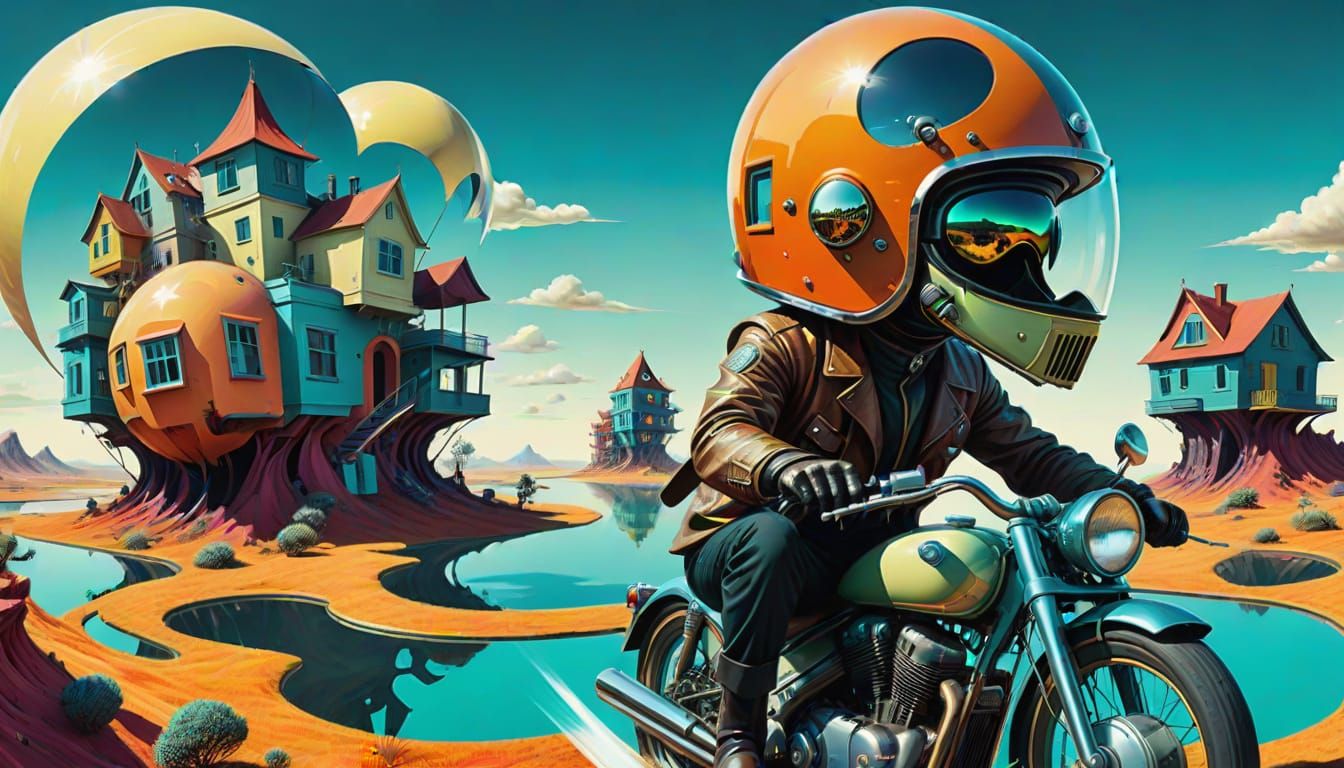Motorcyclist in Surreal Dieselpunk Landscape