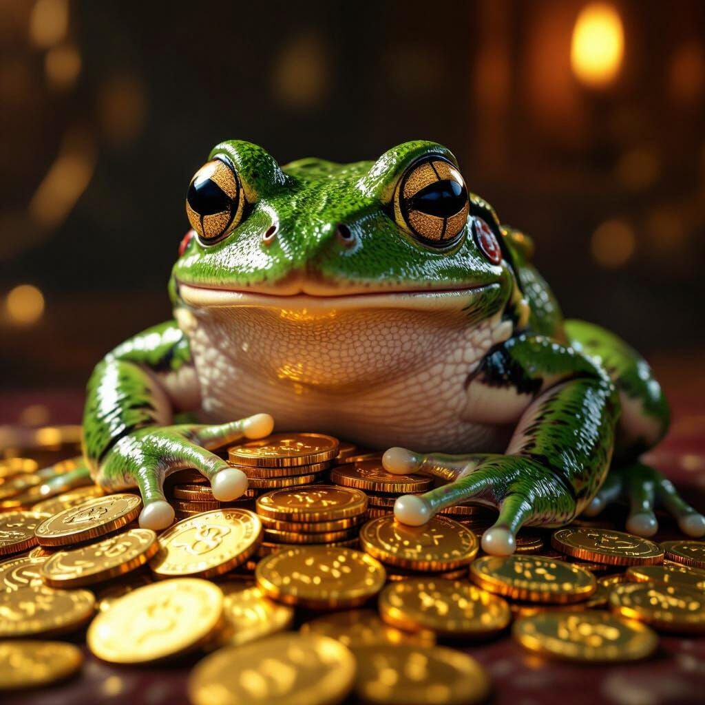 Realistic Frog Counting Gold Coins in Opulent Room