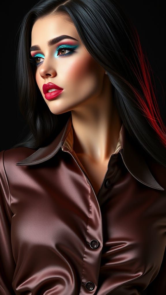Stylish Young Woman with Vibrant Makeup and Satin Outfit