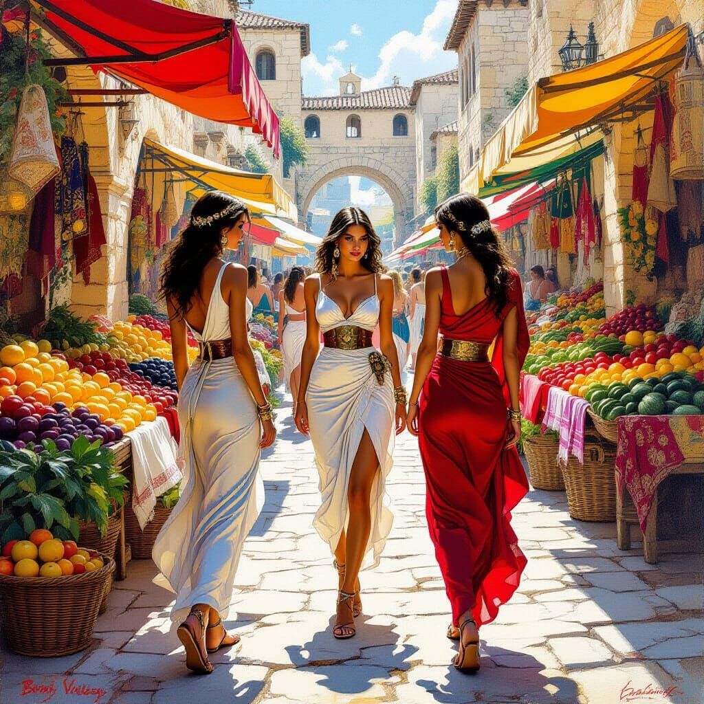Vibrant Roman Market Scene in Fantasy Art Style