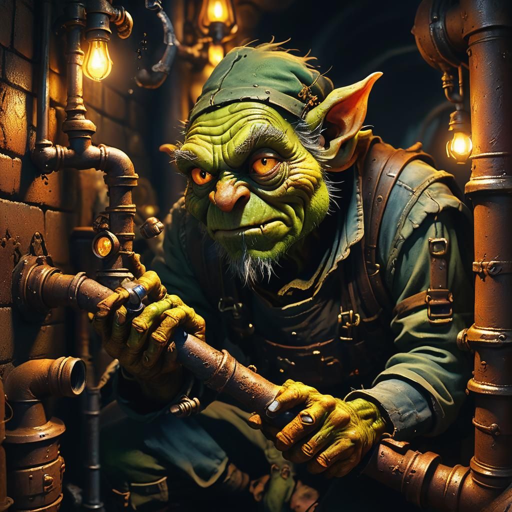 Goblin Plumber Inspecting Pipe in Mystical Dungeon