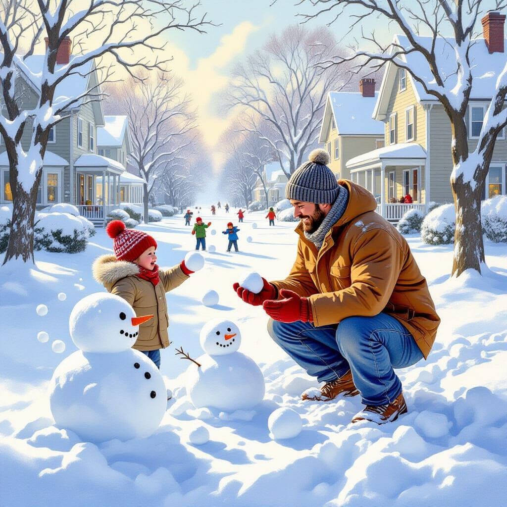 Father and Child Build Snowmen in Morning Light