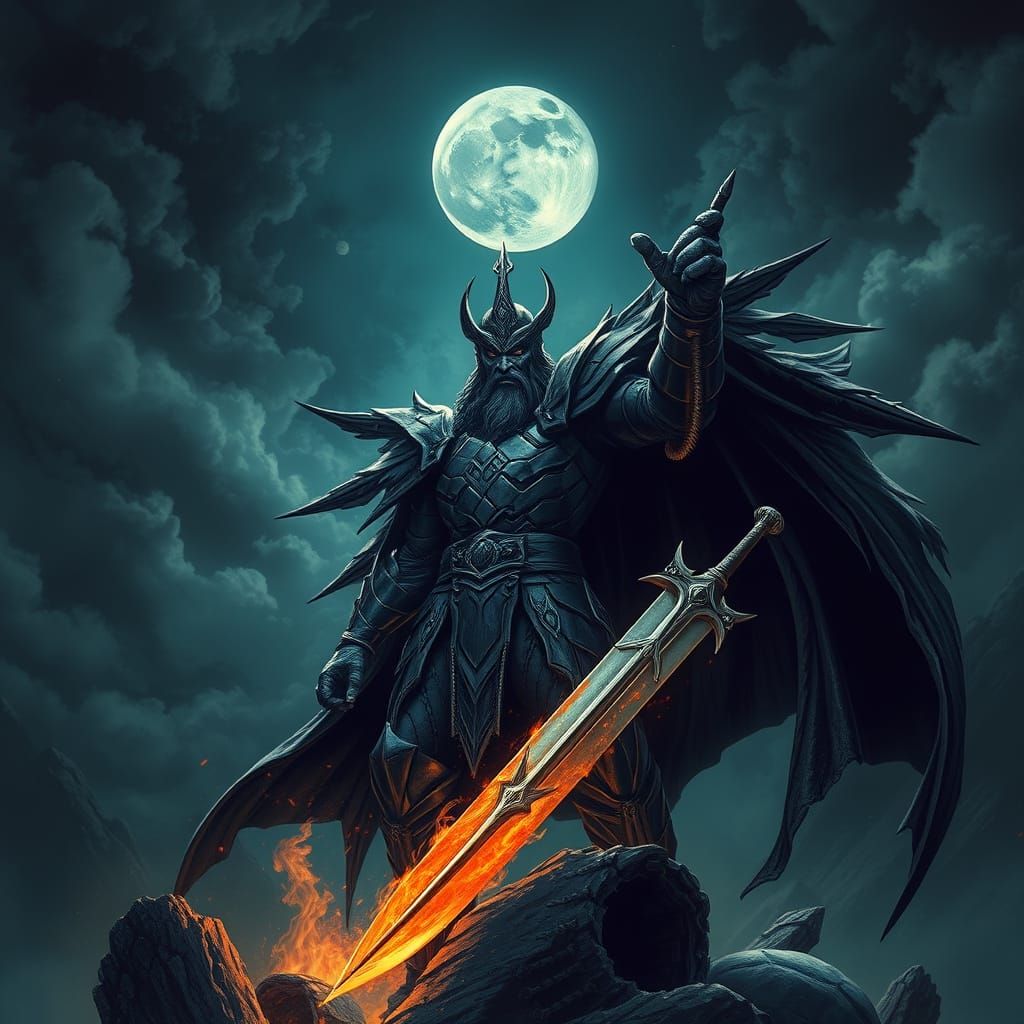 Dark Warrior of Night Rises with Fiery Blade
