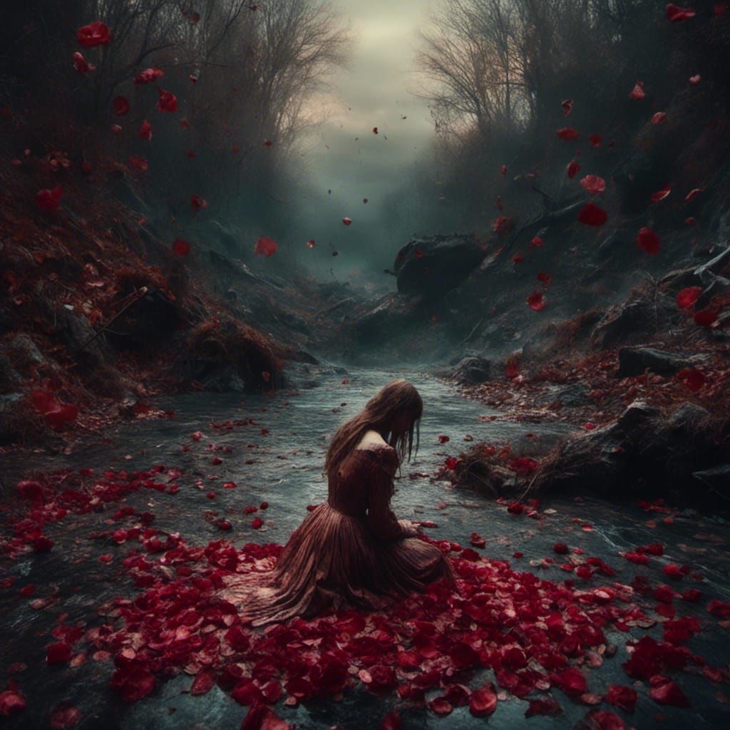 Sad Woman Kneeling in Roses Stream