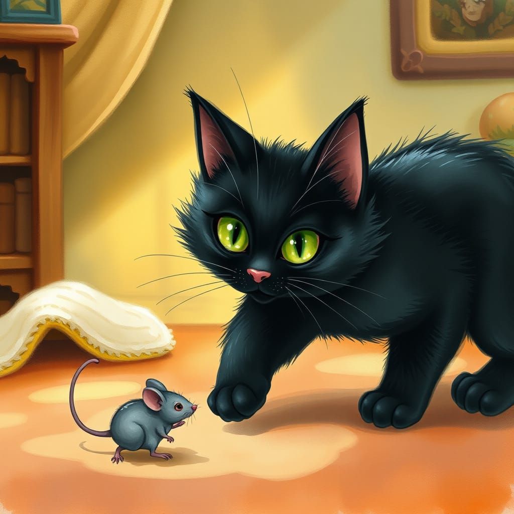 Whimsical Black Cat Pounces on Mouse in Cozy Room