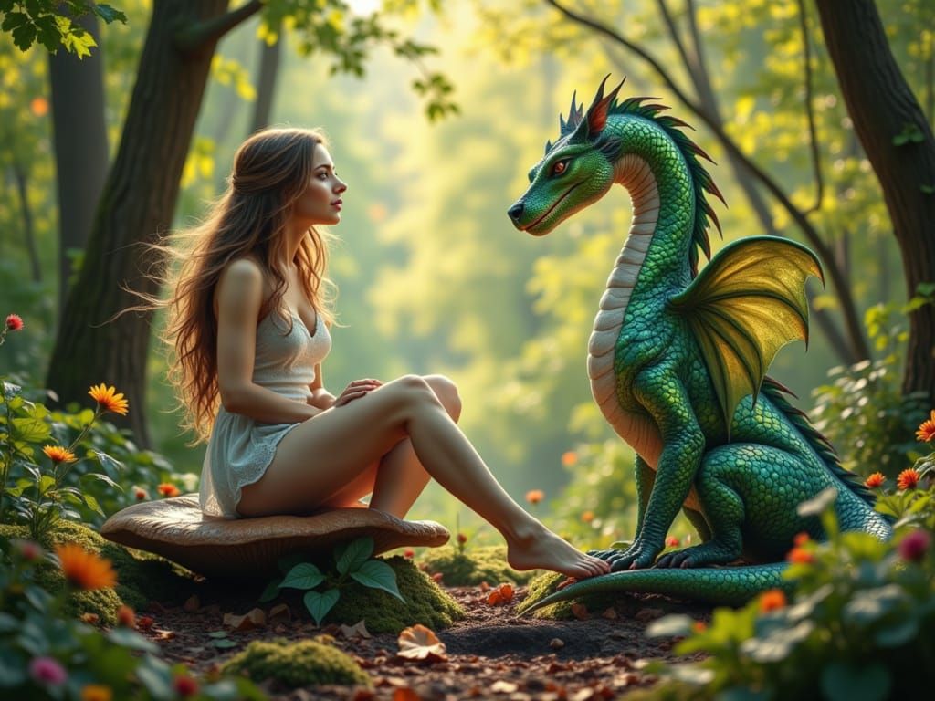 Fairy Feeds Dragon on Giant Mushroom in Detailed Fantasy Sce...