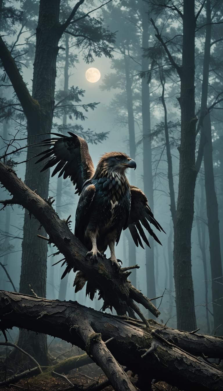 Wolf-Eagle Hybrid in Misty Forest: Cinematic Film Still