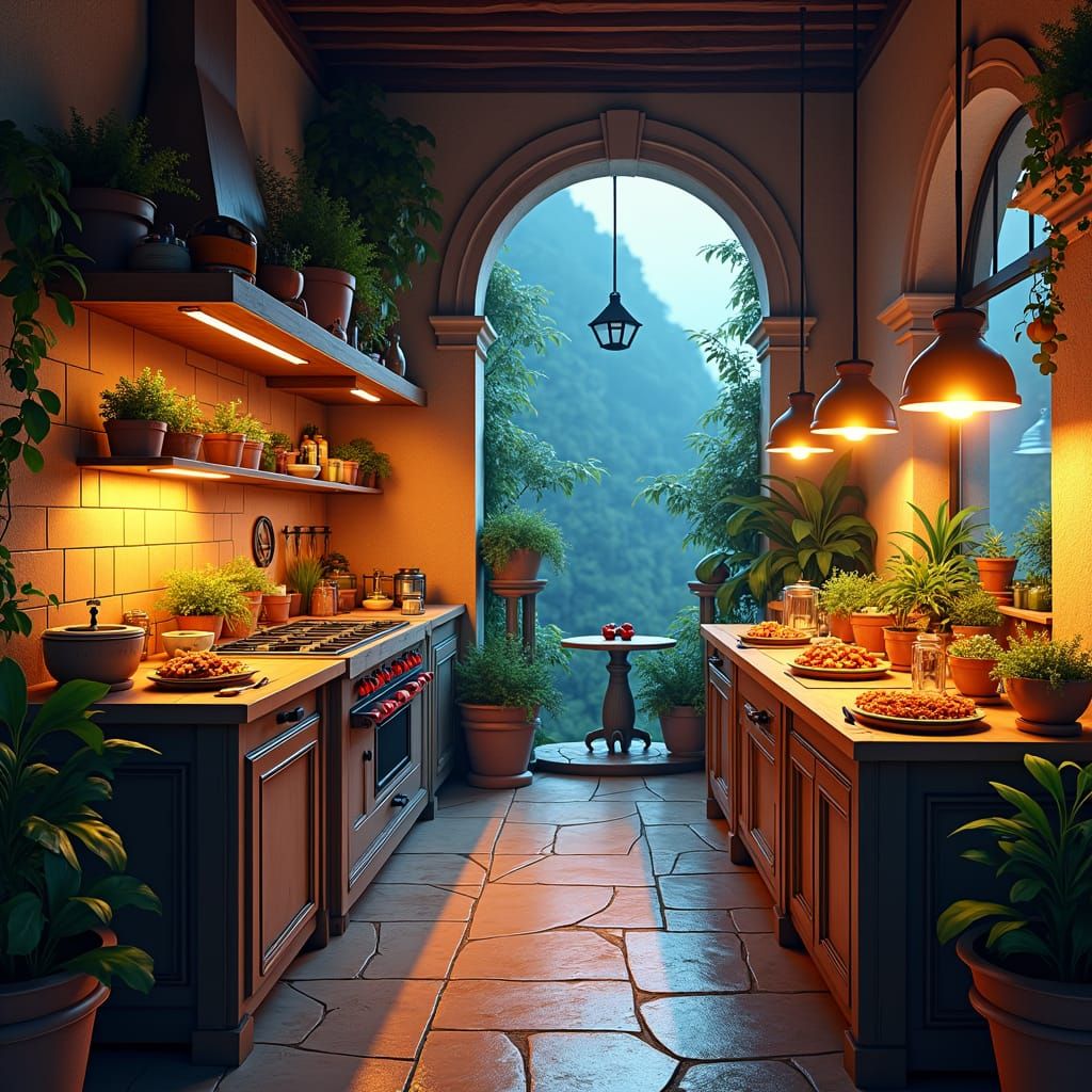 Italian Kitchen Scene with Rustic Furniture and Culinary Del...