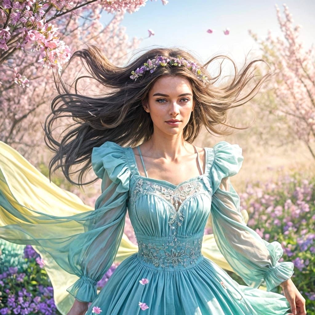 Charming Woman Runs Through a Flower Field