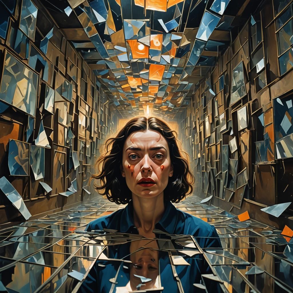 Surreal Woman Trapped in Shattered Mirror Maze