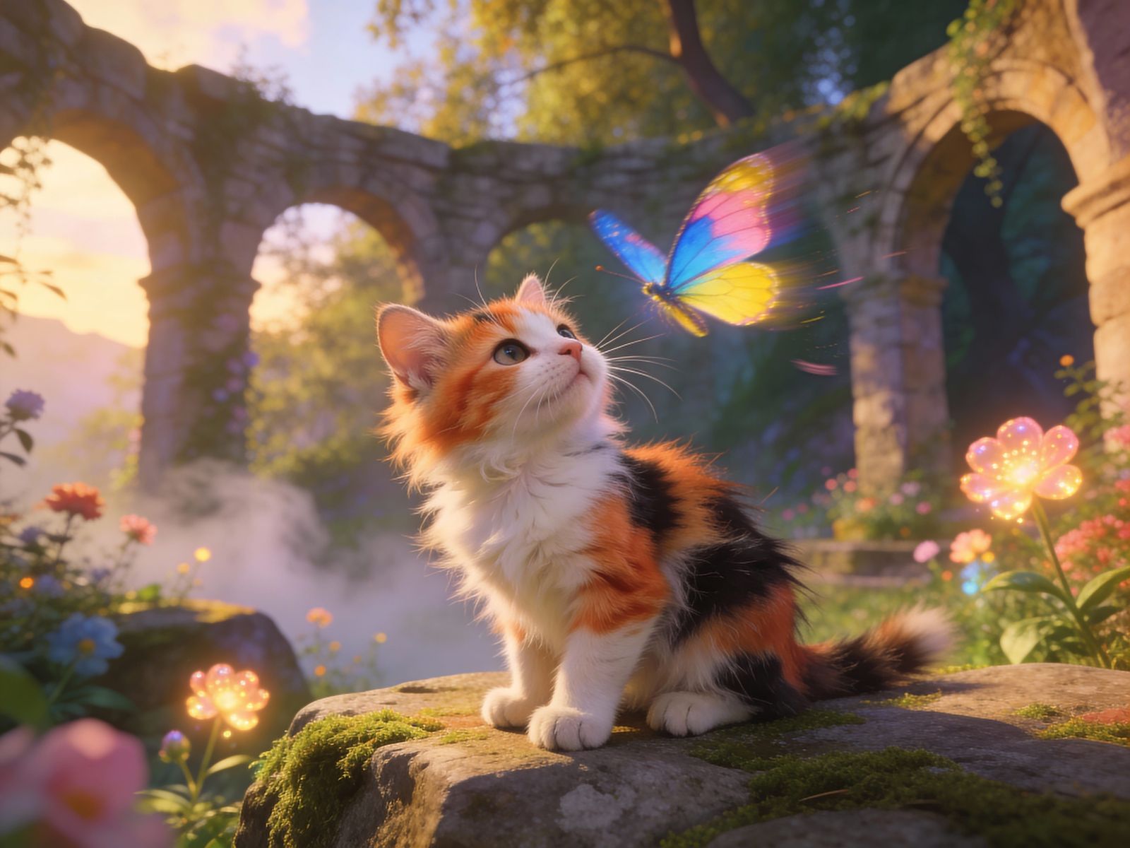 Fluffy Calico Cat and Butterfly in High Fantasy