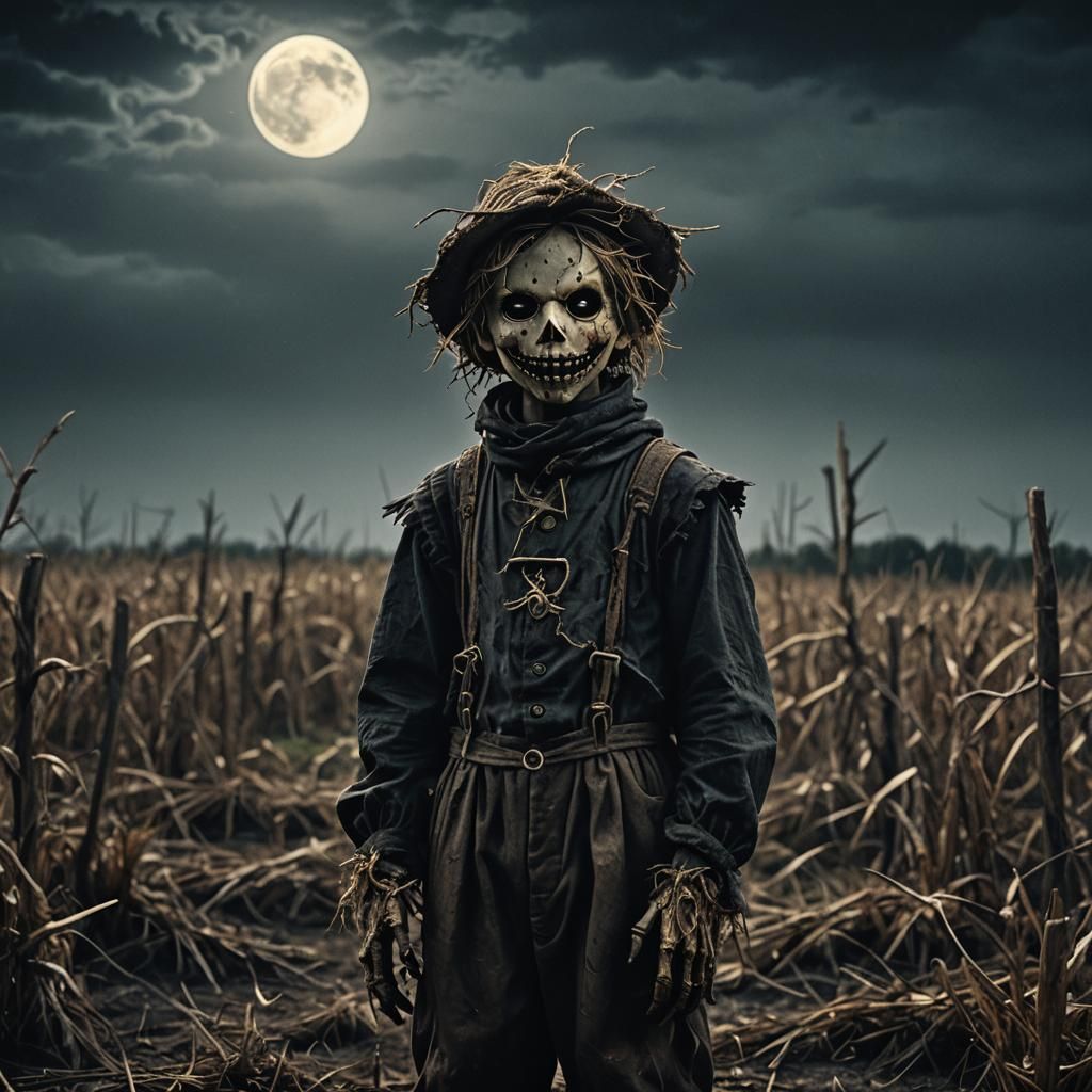 Eerie Scarecrow Boy in Gothic Horror Landscape