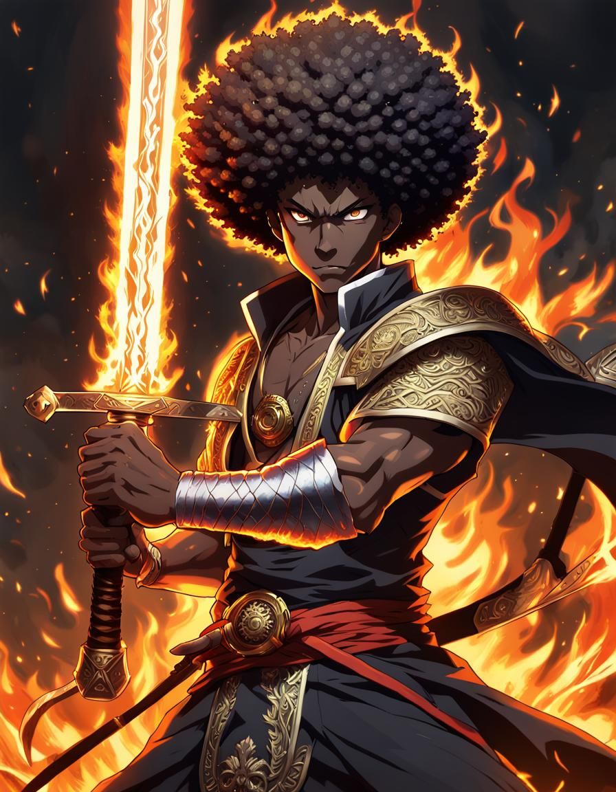 Anime Man with Flaming Sword in 1980s Manga Style