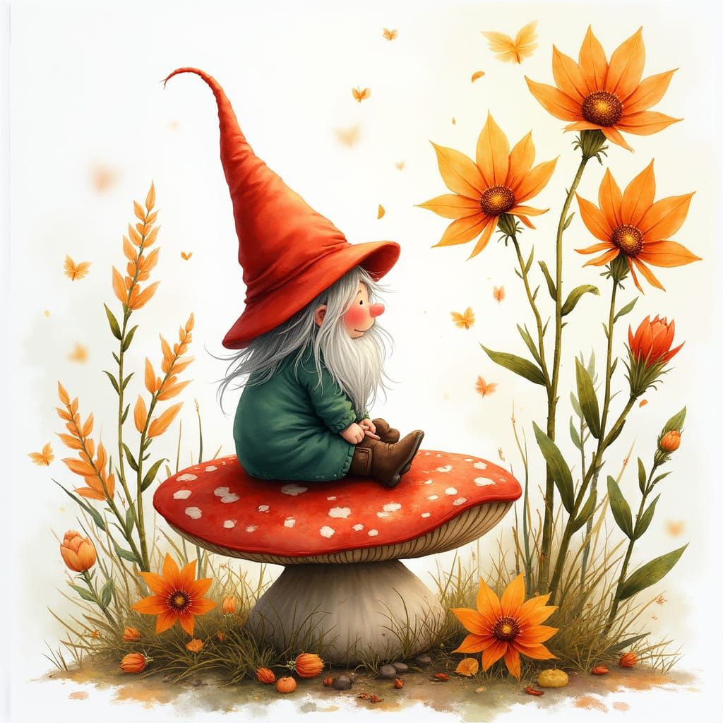 Playful Gnome on Mushroom in Autumn Fairytale