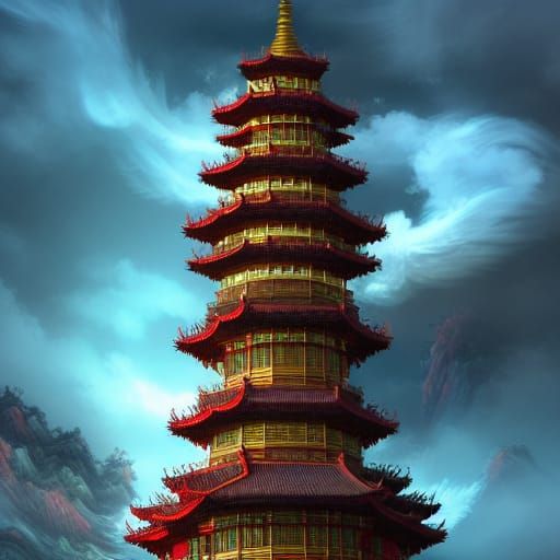Dragon Flight Around Pagoda: Detailed Matte Painting