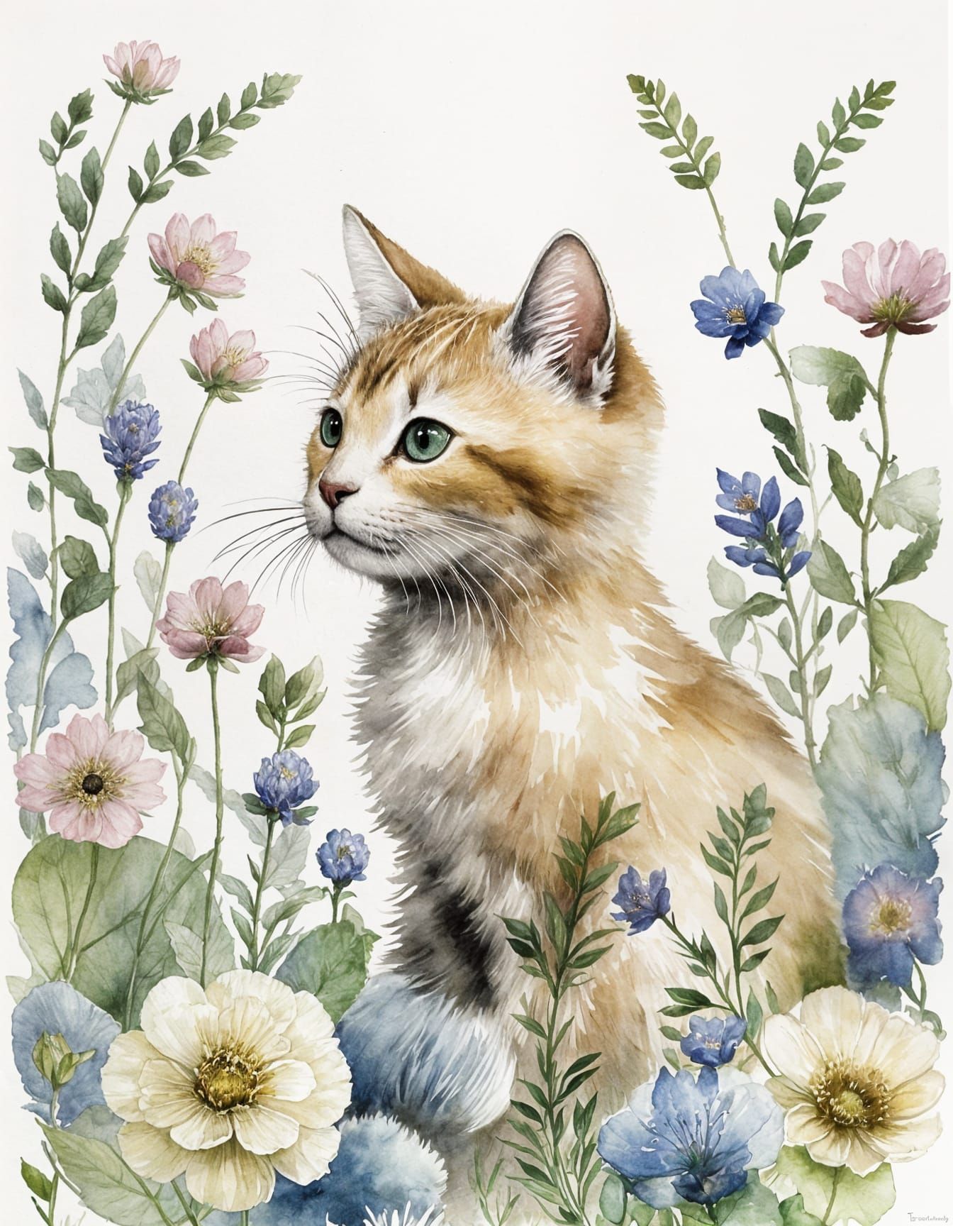 Whimsical Watercolor Ink Cat in a Flower Garden