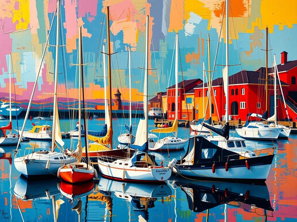 Vibrant Hyperreal Marina Scene with Sailboats
