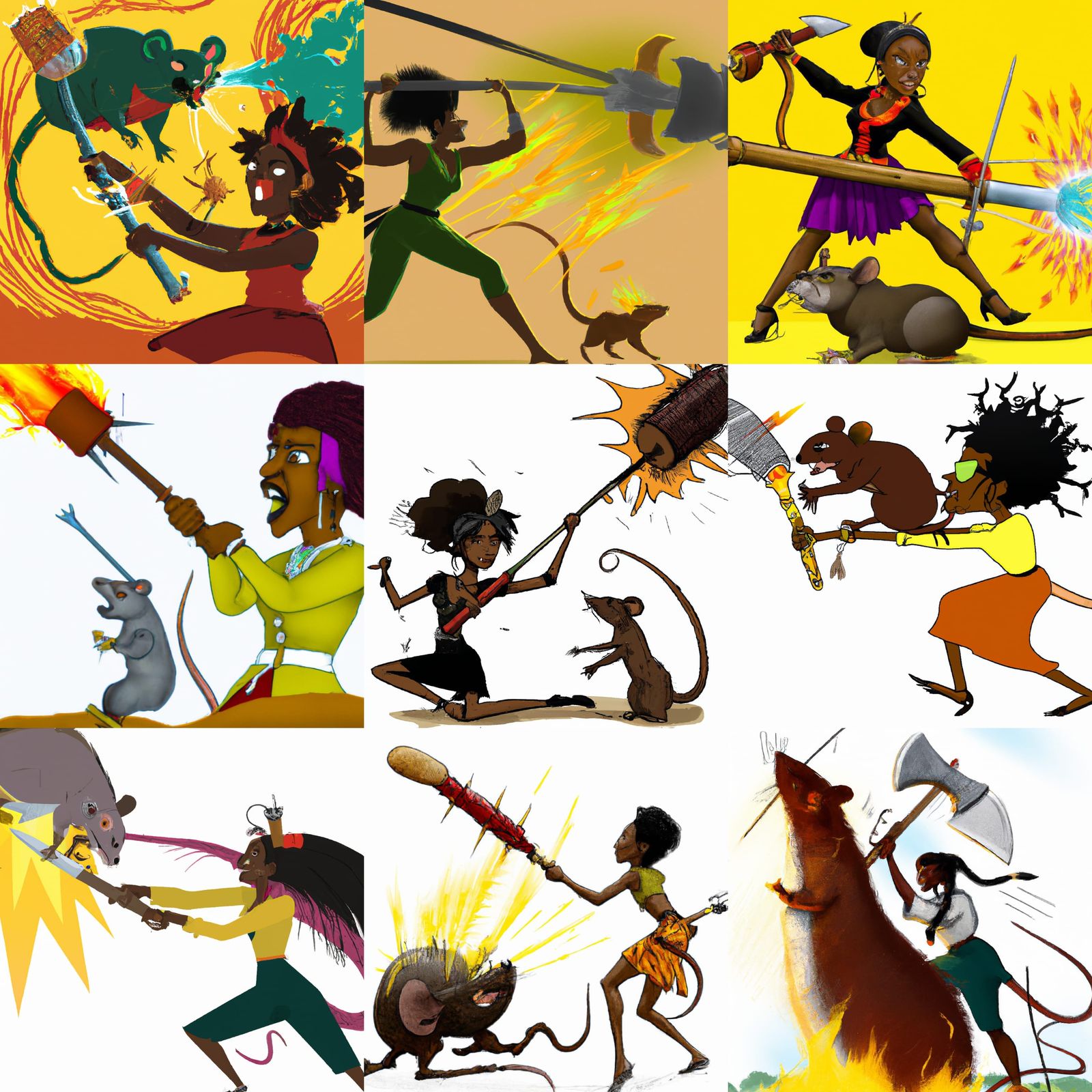 Warrior Woman Battles Giant Rat with Fire Mace