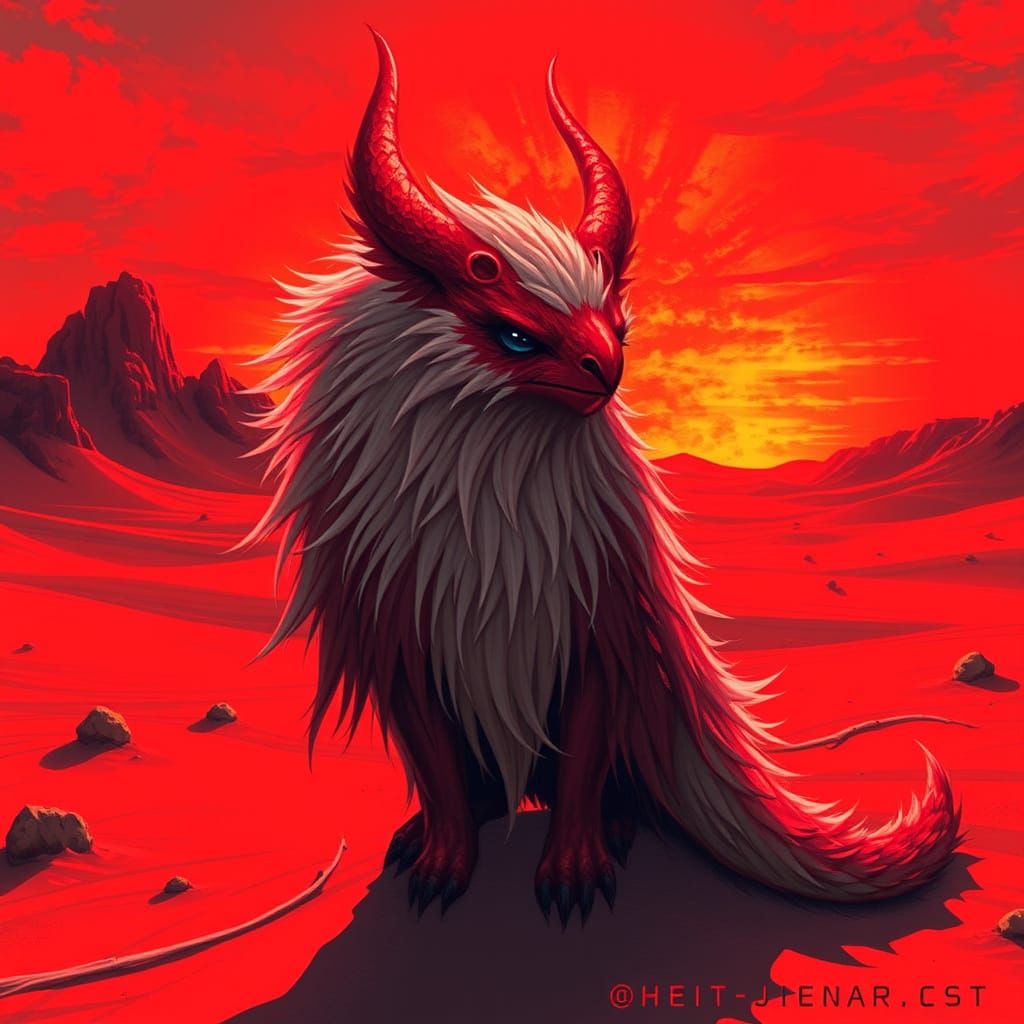 Fiery Creature in a Burning Red Landscape