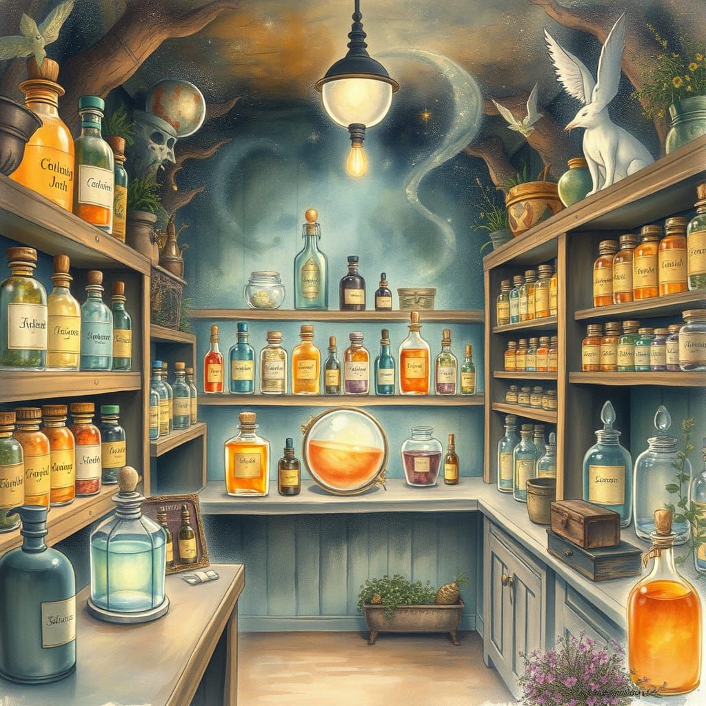 Whimsical Watercolor Apothecary Shop with Enchanted Serums