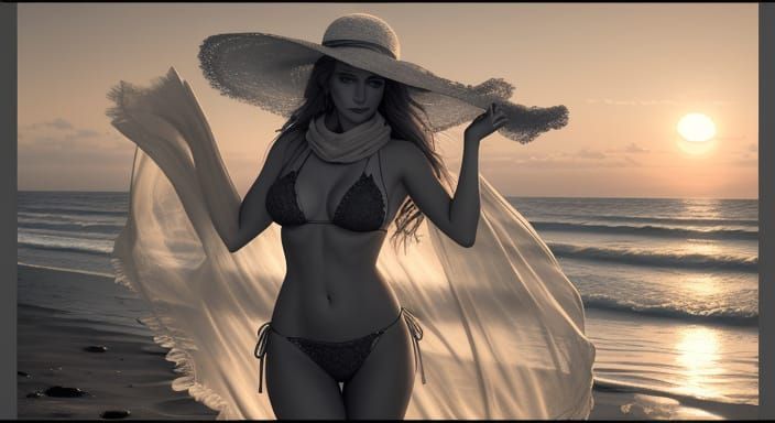 Woman on Sunset Beach in Hyperrealistic Charcoal Style