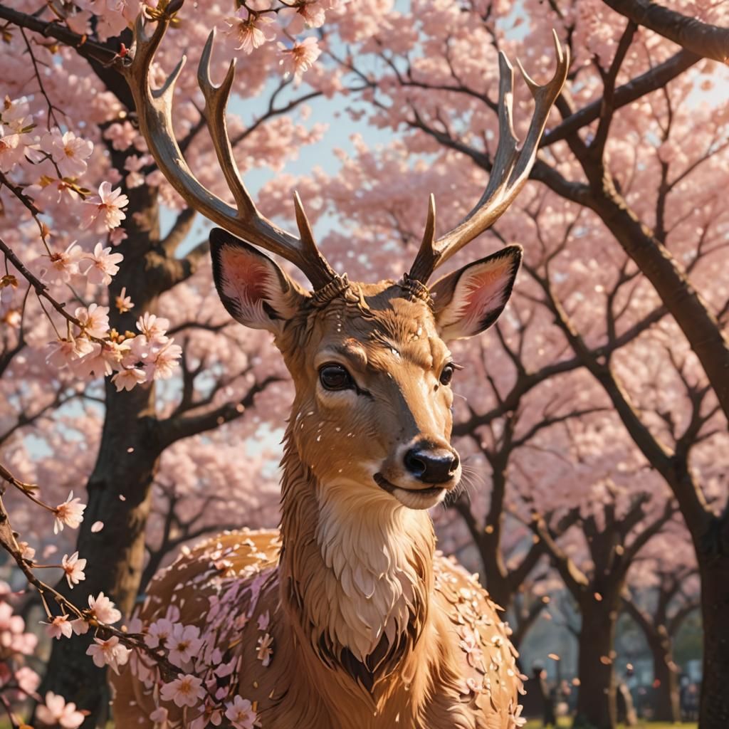 Japanese Deer Under Cherry Blossom Tree: Digital Art