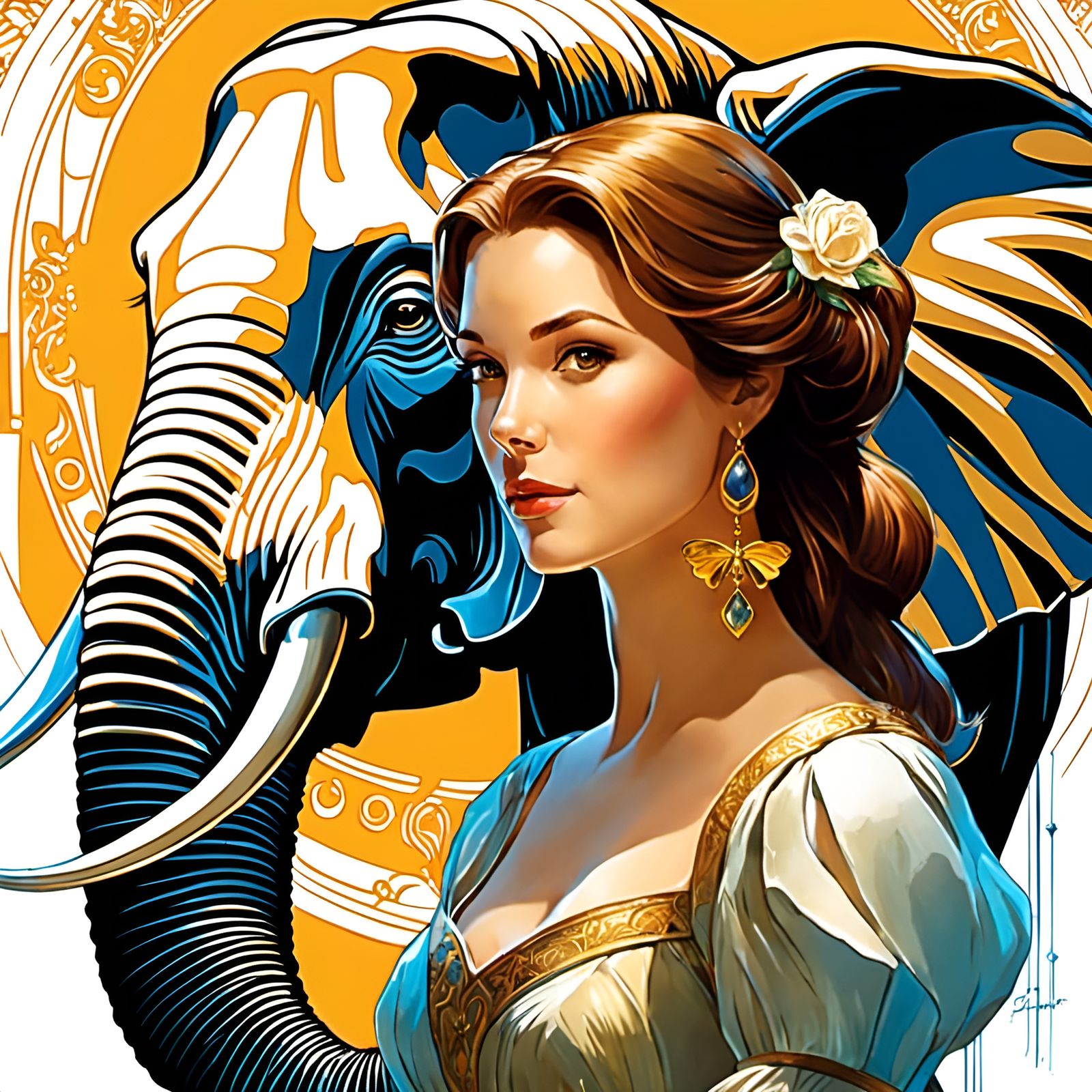 Belle and Elephant Portrait in Renaissance Style