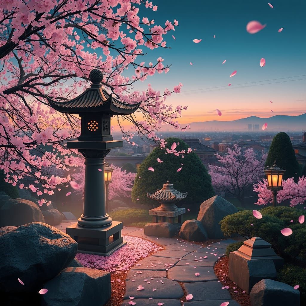 Twilight Japanese Garden with Cherry Blossoms