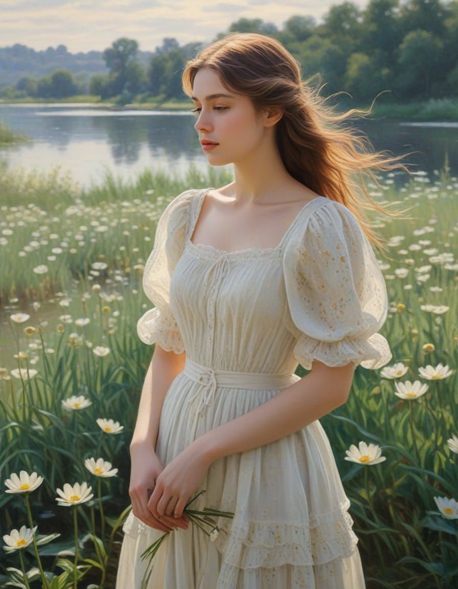 Serene Young Woman in Impressionist Field of Marguerites