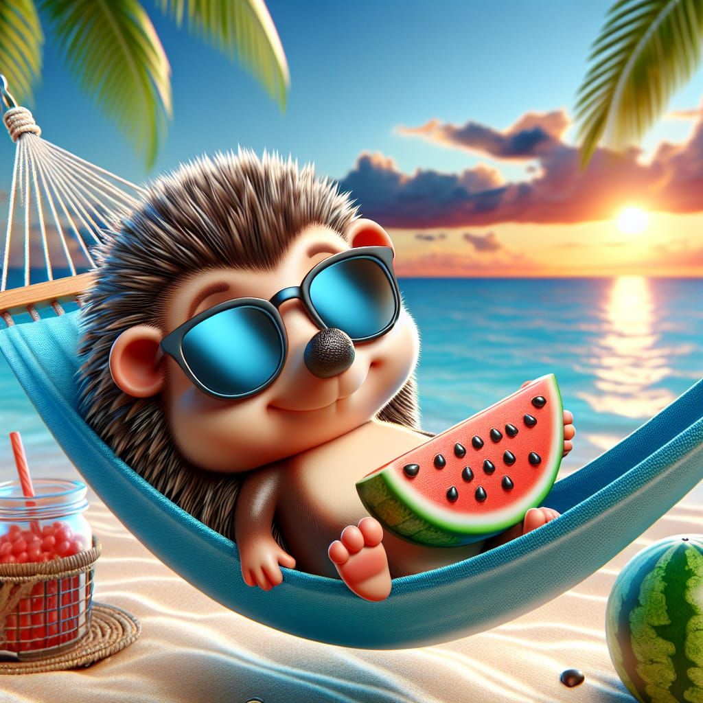 Cartoon Hedgehog Lounging at Sunset