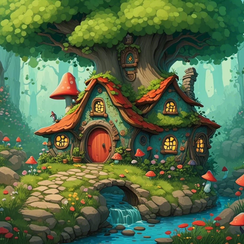 Gnome Home in Forest Illustration with Whimsical Charm