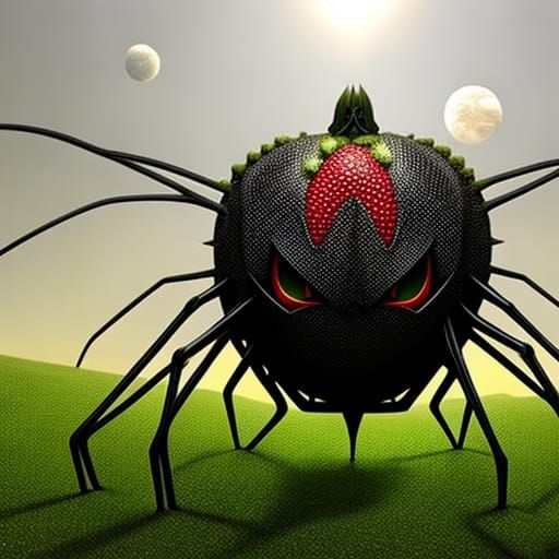 Strawberry Spider Weaving Web in Moonlight: 3D Render